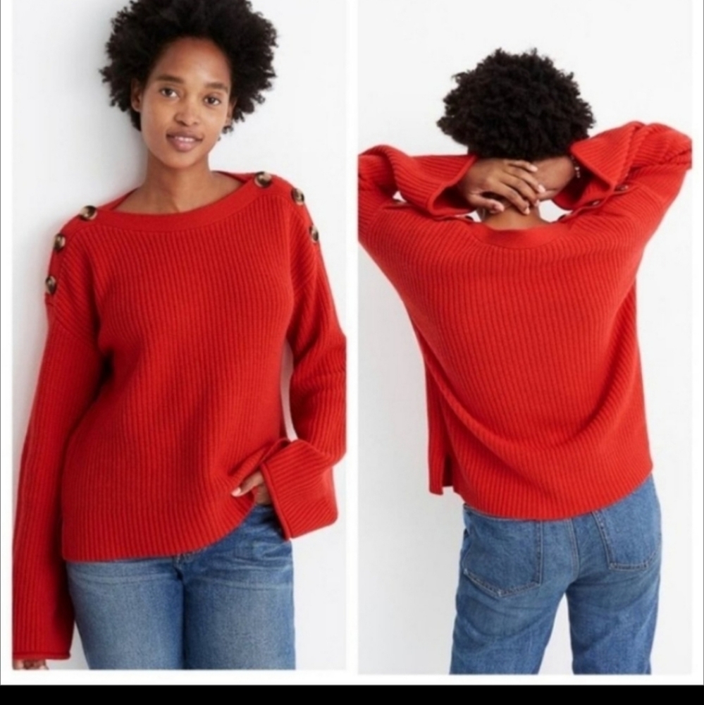 Madewell Red Calloway Boatneck Button Pullover Sweater Small Cozy Winter